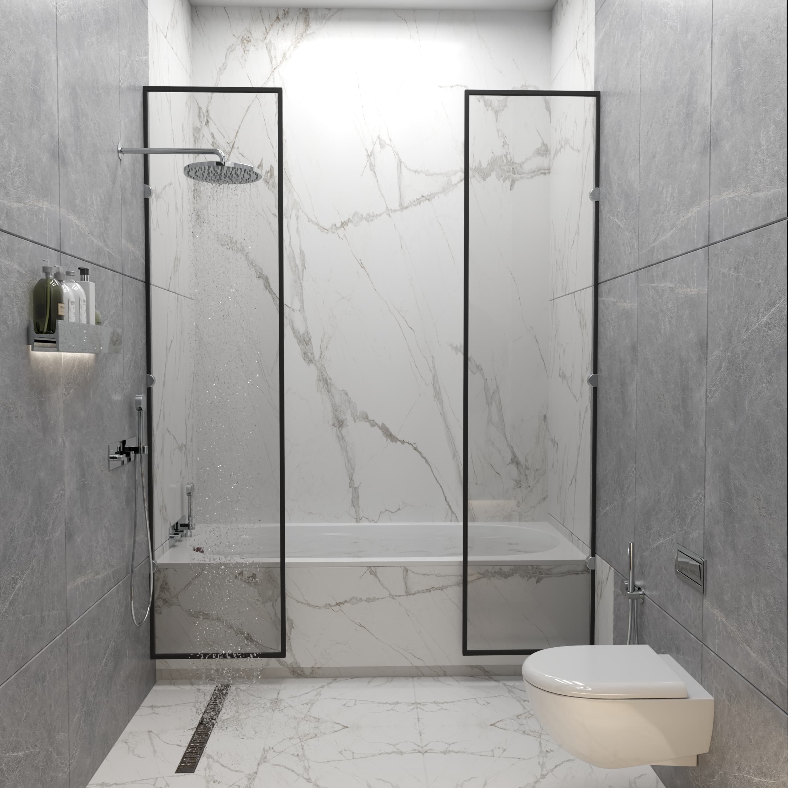 Luxury bathroom renovation with marble walls and glass shower enclosure